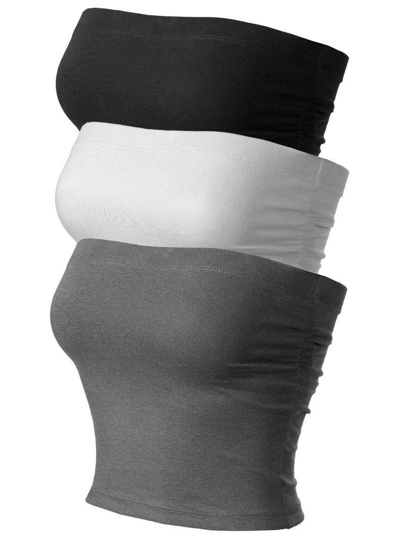 MixMatchy Women's Solid Casual Summer Side Shirring Scrunched Double Layered Tube Top 3PACK - Black/Charcoal/White L - Image 1